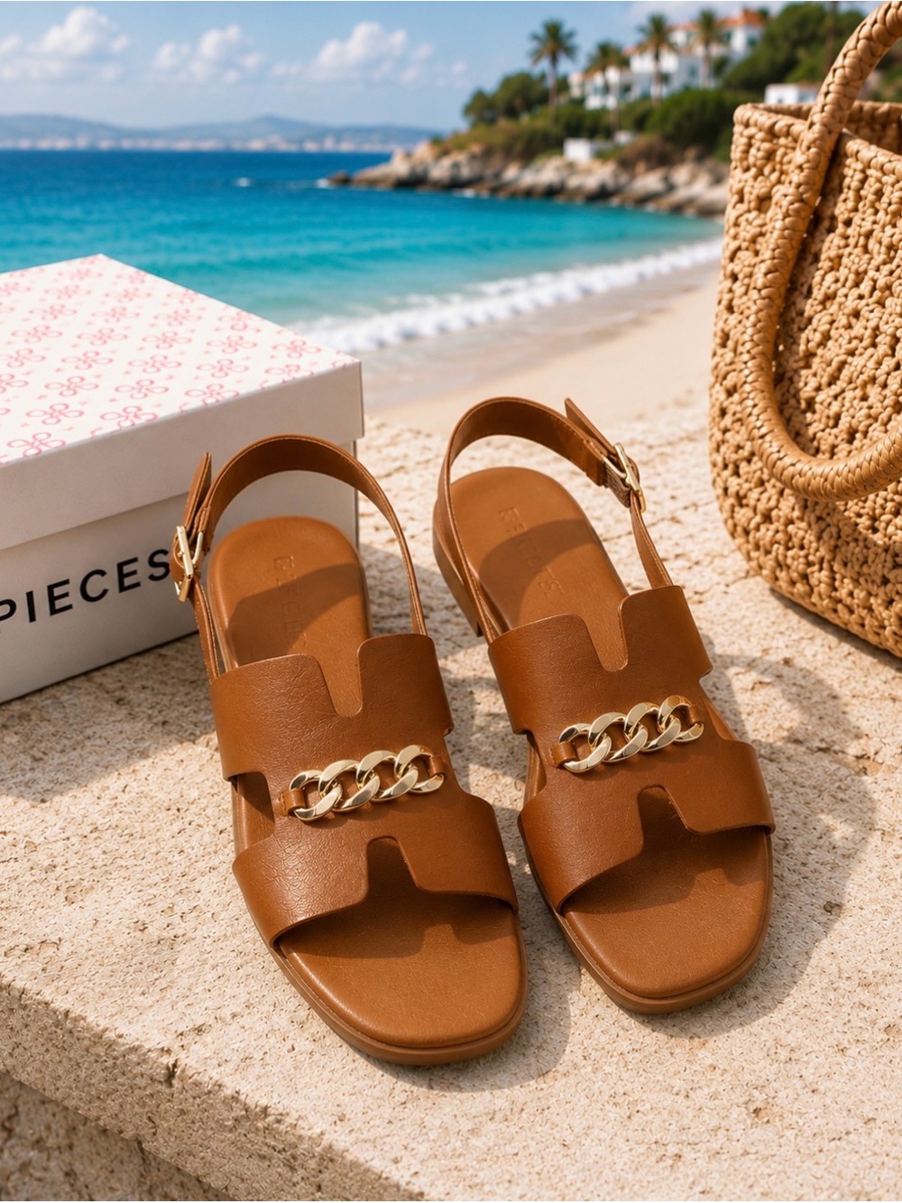 PIECES Women’s Brown Leather Sandals Gold Chain Ankle Strap EU 37